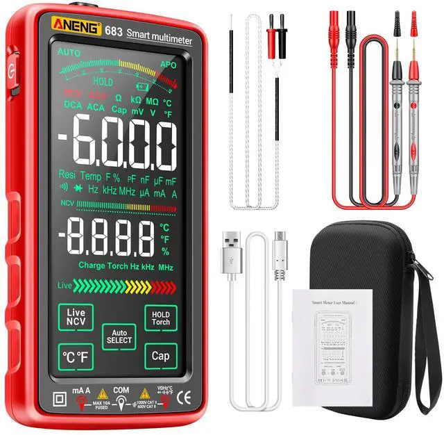 Main image of Smart Multimeter, Digital Multimeter Tester with Touch Screen 6000 Counts Auto Ranging Rechargeable A Reverse Display NCV Tester with Flashlight for Electricians, DIY (Red)