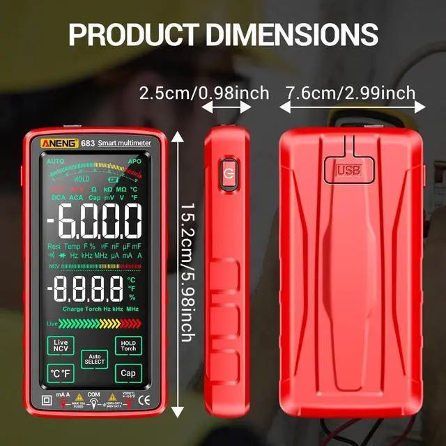 Alt view image 2 of 7 - Smart Multimeter, Digital Multimeter Tester with Touch Screen 6000 Counts Auto Ranging Rechargeable A Reverse Display NCV Tester with Flashlight for Electricians, DIY (Red)