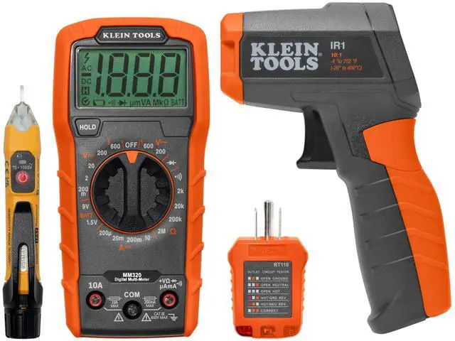 Main image of 80067 Electrical Test Kit with IR Digital Thermometer, Multimeter, Non-Contact Voltage Tester Pen and Receptacle Tester, 4-Piece