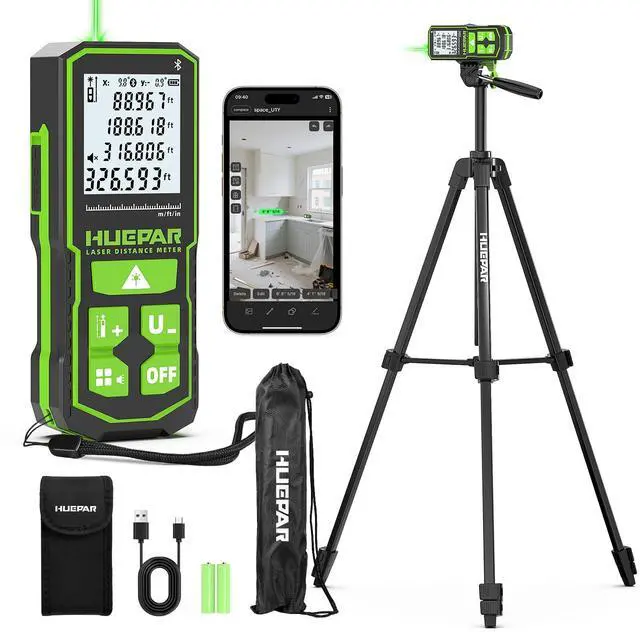 Main image of 395FT Bluetooth Green Laser Measuring Tool with 60" Tripod, 1/16in Accuracy Laser Distance Measurement Tool, Digital Laser Room Measuring Device, Laser Distance Meters