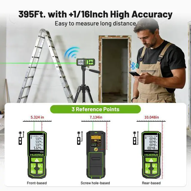 Alt view image 2 of 7 - 395FT Bluetooth Green Laser Measuring Tool with 60" Tripod, 1/16in Accuracy Laser Distance Measurement Tool, Digital Laser Room Measuring Device, Laser Distance Meters