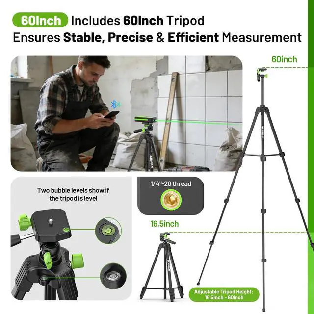 Alt view image 4 of 7 - 395FT Bluetooth Green Laser Measuring Tool with 60" Tripod, 1/16in Accuracy Laser Distance Measurement Tool, Digital Laser Room Measuring Device, Laser Distance Meters