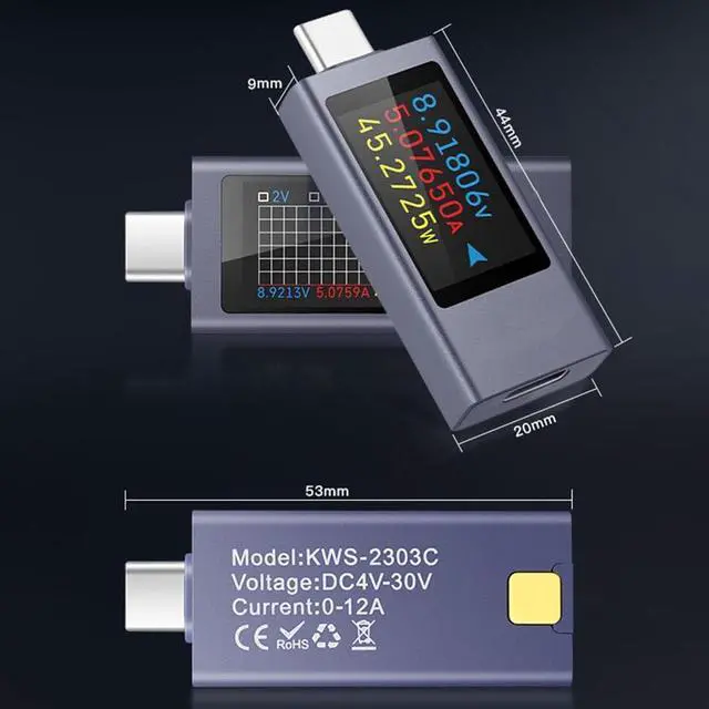 Alt view image 6 of 6 - USB C Power Meter Testers,USB C Tester Power Tester Color Screen,Multimeter Tester,Three Screens Switch to Display Current,Voltage,CPU Temperature,Voltage Meter,DC4-30V/0-12A