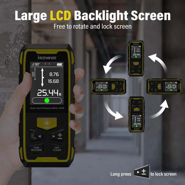 Alt view image 7 of 7 - Dual Laser Measuring Tool, 393FT/120M Green Bilateral Laser Distance Meter 6 Unit Switching, Rechargeable Digital Laser Measure with Backlit LCD Display, Angle Sensor, Multiple Measure Mode