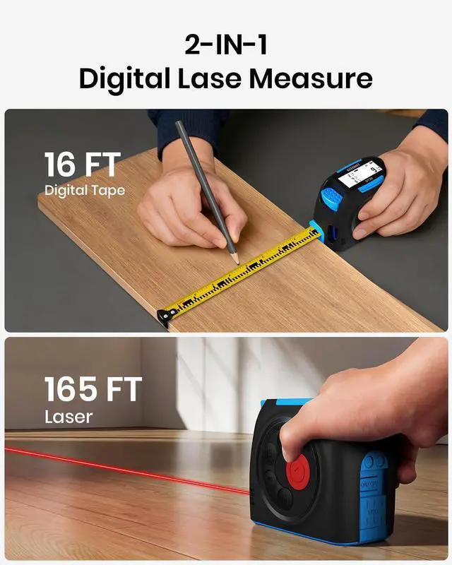 Alt view image 2 of 7 - DT30 Digital Tape Measure, 130ft Laser Distance Meter and 16ft Auto-Lock Measuring Tape, Smart App Sync for Floor Planning, ±1/16" High Precision, 2" Backlit LCD, USB-C Rechargeable, IP54