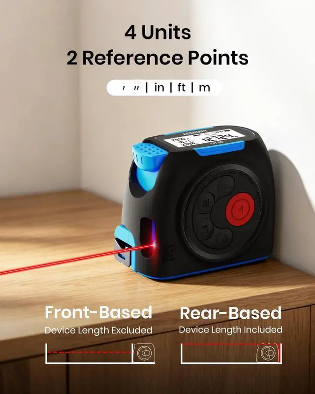 Alt view image 6 of 7 - DT30 Digital Tape Measure, 130ft Laser Distance Meter and 16ft Auto-Lock Measuring Tape, Smart App Sync for Floor Planning, ±1/16" High Precision, 2" Backlit LCD, USB-C Rechargeable, IP54