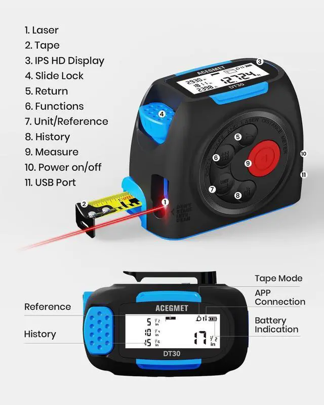 Alt view image 7 of 7 - DT30 Digital Tape Measure, 130ft Laser Distance Meter and 16ft Auto-Lock Measuring Tape, Smart App Sync for Floor Planning, ±1/16" High Precision, 2" Backlit LCD, USB-C Rechargeable, IP54