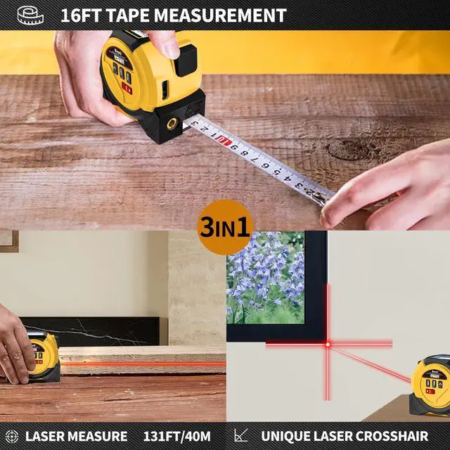 Alt view image 2 of 7 - Laser Tape Measure 3 in 1 Laser Rangefinder Tape Measure 131ft Laser Measuring Tape & 16ft Tape Measure for Pythagorean, Area, Volum, Multi-Unit Conversion (Ft/Ft+in/in), Yellow