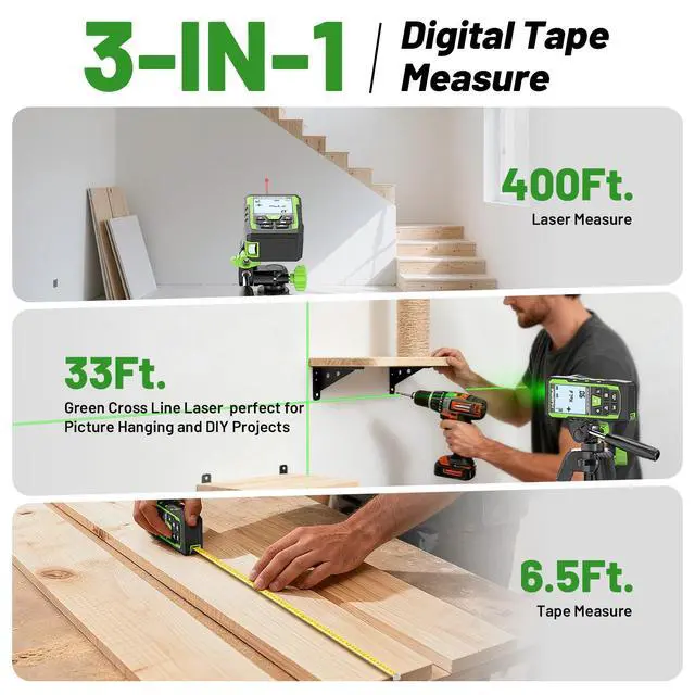 Alt view image 2 of 7 - 3-in-1 Laser Measuring Tool, 400Ft Laser Measure & 33Ft Green Cross Line Laser Level & 6.5Ft Tape Measure, Rechargeable, Voice Broadcast, Multi-Mode, Rugged for Construction &Home Use, SW-T120
