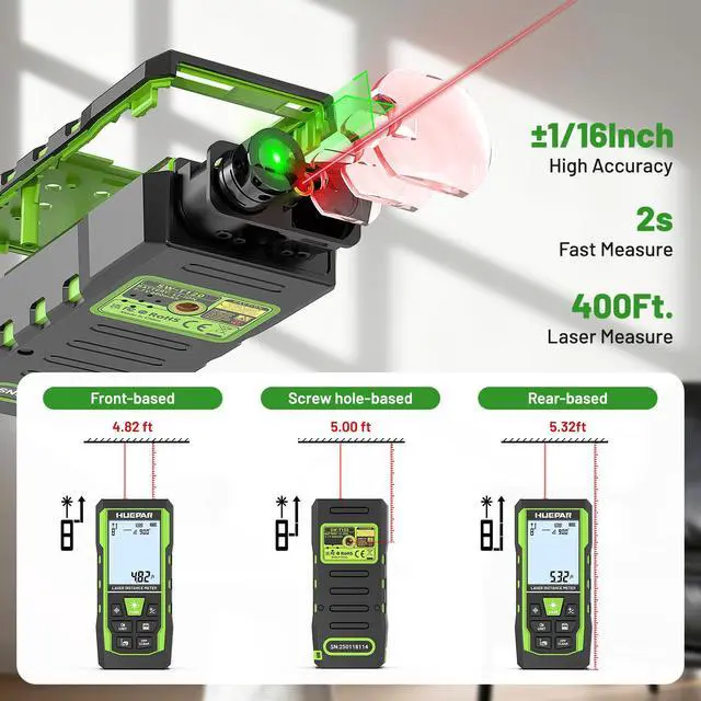 Alt view image 4 of 7 - 3-in-1 Laser Measuring Tool, 400Ft Laser Measure & 33Ft Green Cross Line Laser Level & 6.5Ft Tape Measure, Rechargeable, Voice Broadcast, Multi-Mode, Rugged for Construction &Home Use, SW-T120