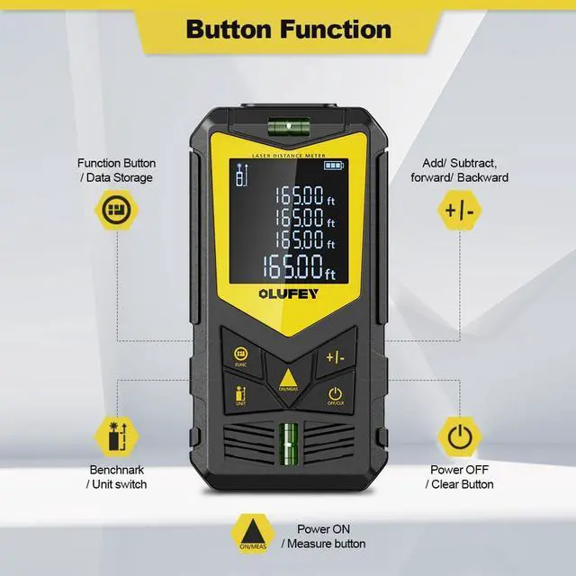 Alt view image 2 of 7 - Laser Measure, 165ft Laser Distance Meter with 2 Bubble Levels, Black LCD Display and Pythagorean Mode, Measure Distance, Area and Volume