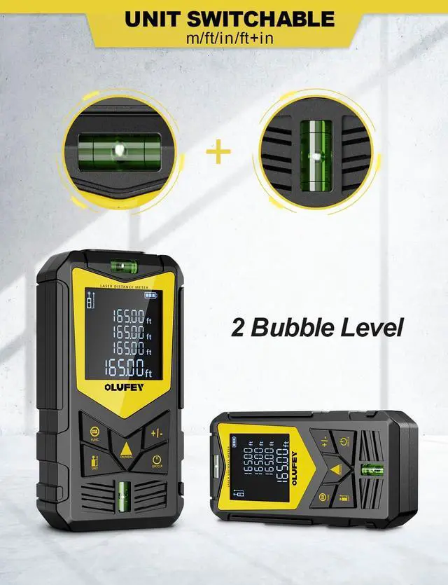 Alt view image 3 of 7 - Laser Measure, 165ft Laser Distance Meter with 2 Bubble Levels, Black LCD Display and Pythagorean Mode, Measure Distance, Area and Volume