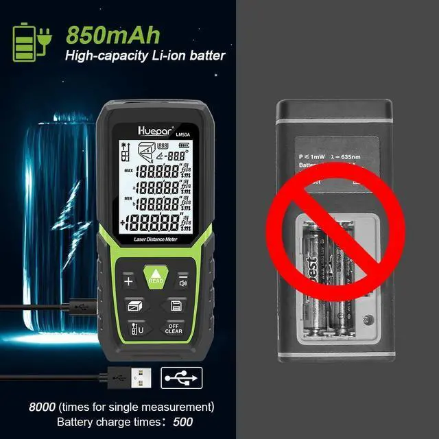 Alt view image 2 of 7 - Laser Distance Measure 165Ft with Li-ion Battery & Electric Angle Sensor, Backlit LCD Laser Measure Ft/in/M with High Accuracy Multi-Measurement Modes, Pythagorean, Distance, Area&Volume-LM50A