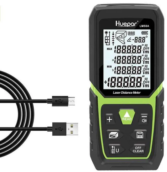 Main image of Laser Distance Measure 165Ft with Li-ion Battery & Electric Angle Sensor, Backlit LCD Laser Measure Ft/in/M with High Accuracy Multi-Measurement Modes, Pythagorean, Distance, Area&Volume-LM50A