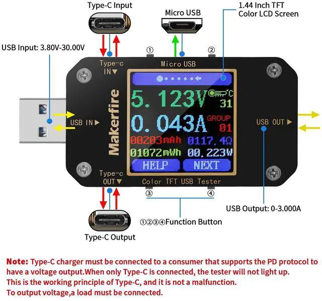 Alt view image 2 of 7 - USB Multimeter USB Voltmeter Ammeter Load Tester USB Voltage Current PD Battery Power Capacity Charger Type C Meter Tester LCD Display Cable Resistance QC2.0/3.0/4.0 N10 1.44 Inch Screen
