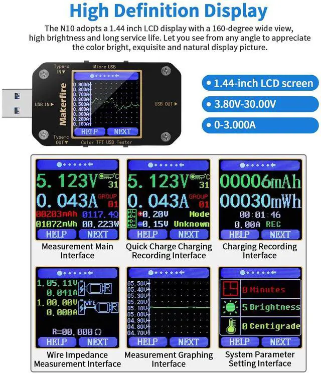 Alt view image 3 of 7 - USB Multimeter USB Voltmeter Ammeter Load Tester USB Voltage Current PD Battery Power Capacity Charger Type C Meter Tester LCD Display Cable Resistance QC2.0/3.0/4.0 N10 1.44 Inch Screen