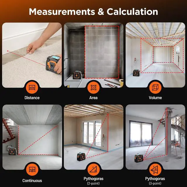 Alt view image 7 of 7 - Laser Tape Measure 2-in-1, 197Ft Laser Distance Meter & 16Ft Digital Tape Measure, with LCD Display, Pythagorean Mode, Area/Volume Calculation, USB-C Rechargeable for Woodworking and Construction