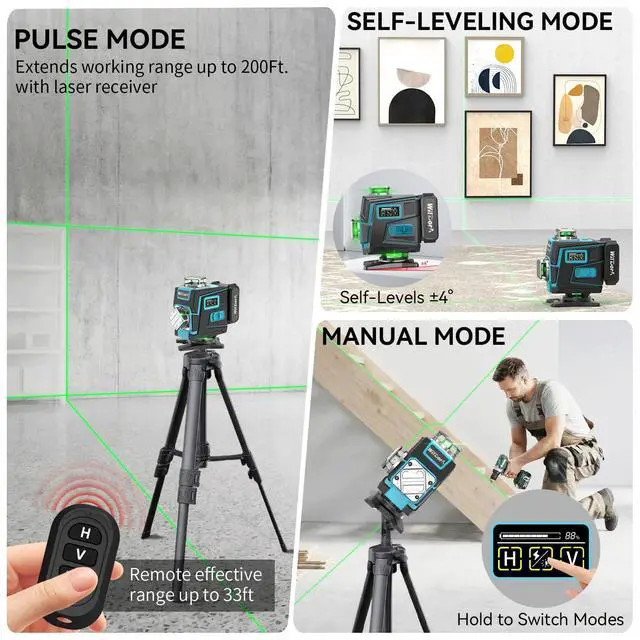Alt view image 6 of 7 - Laser Level with Tripod, 4x360° Self Leveling ±4° Laser Level, Remote Control 4D Green 16 Line Laser Leveler Tool for Woodworking&Renovation, with 2x4800mAh Li-ion Batteries&Hard Carry Case
