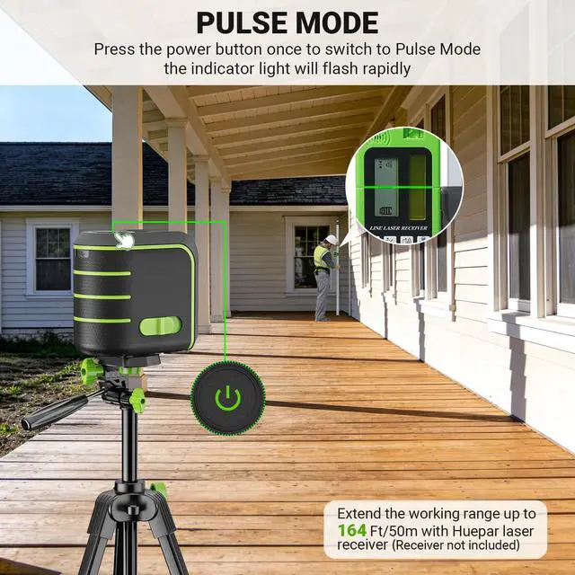 Alt view image 4 of 7 - Laser Level with 60" Tripod, Rechargeable, Self Leveling Lazer Leveler Tool, Green Cross Lines,10H Runtime, Pulse Mode up to 165 ft, IP54 for DIY, Tile, Cabinet U011G, Fathers Day Dad Gifts