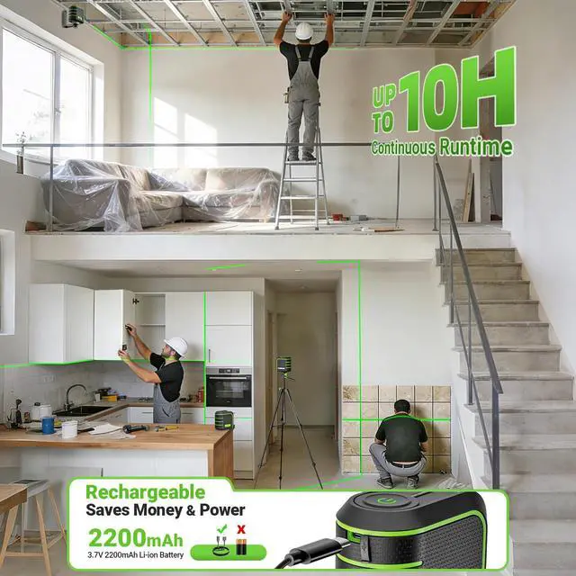 Alt view image 6 of 7 - Laser Level with 60" Tripod, Rechargeable, Self Leveling Lazer Leveler Tool, Green Cross Lines,10H Runtime, Pulse Mode up to 165 ft, IP54 for DIY, Tile, Cabinet U011G, Fathers Day Dad Gifts
