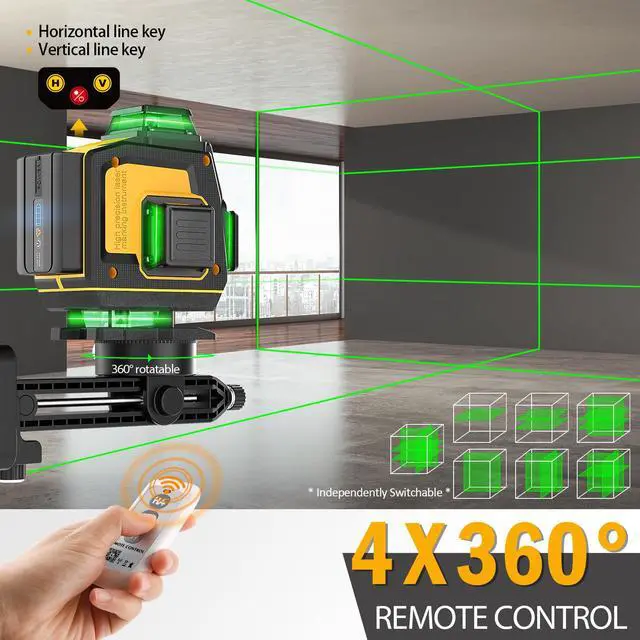 Alt view image 2 of 7 - Laser Level 360 Self Leveling, Rechargeable (Up to 37H) 4D Lazer Leveler Tool Kit, 16 Lines Green Leveler Tool Rechargeable/Stepless Dimming/Remote Control/Switchable for Home & Outdoor