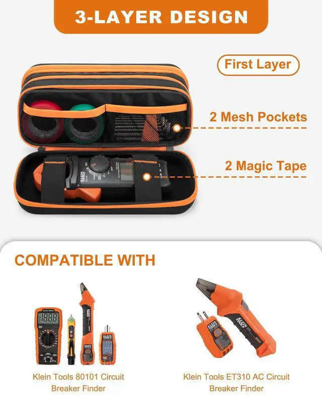 Alt view image 2 of 7 - Hard Tool Carrying Case Compatible with Klein Tools 80101/ET310 AC Circuit Breaker Finder, Fluke Digital Multimeter/325 Clamp Multimeter, Electric Tester Bag with Zipper, Black (Empty Bag)
