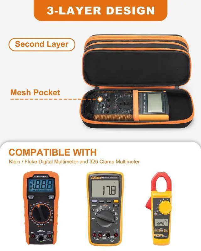 Alt view image 3 of 7 - Hard Tool Carrying Case Compatible with Klein Tools 80101/ET310 AC Circuit Breaker Finder, Fluke Digital Multimeter/325 Clamp Multimeter, Electric Tester Bag with Zipper, Black (Empty Bag)
