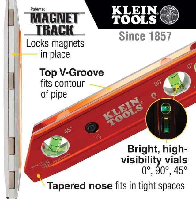 Alt view image 2 of 7 - 935RBLT Level, 9-Inch Lighted Torpedo Level with Magnet, 0/45/90 Degree Vials and V-Groove, Water and Impact Resistant, High-Visibility