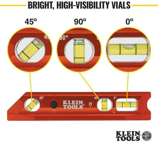 Alt view image 3 of 7 - 935RBLT Level, 9-Inch Lighted Torpedo Level with Magnet, 0/45/90 Degree Vials and V-Groove, Water and Impact Resistant, High-Visibility