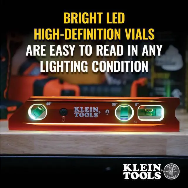 Alt view image 5 of 7 - 935RBLT Level, 9-Inch Lighted Torpedo Level with Magnet, 0/45/90 Degree Vials and V-Groove, Water and Impact Resistant, High-Visibility