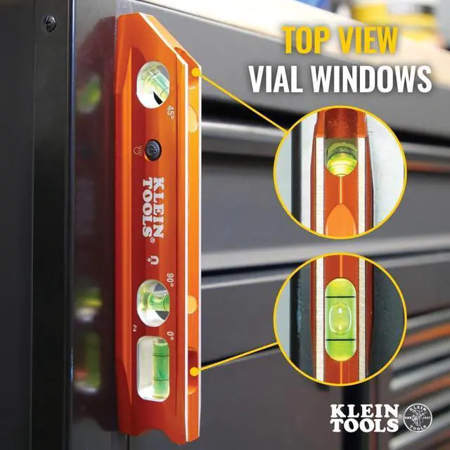 Alt view image 4 of 7 - 935RBLT Level, 9-Inch Lighted Torpedo Level with Magnet, 0/45/90 Degree Vials and V-Groove, Water and Impact Resistant, High-Visibility