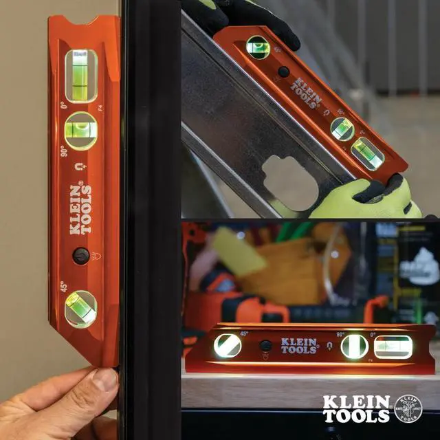 Alt view image 6 of 7 - 935RBLT Level, 9-Inch Lighted Torpedo Level with Magnet, 0/45/90 Degree Vials and V-Groove, Water and Impact Resistant, High-Visibility