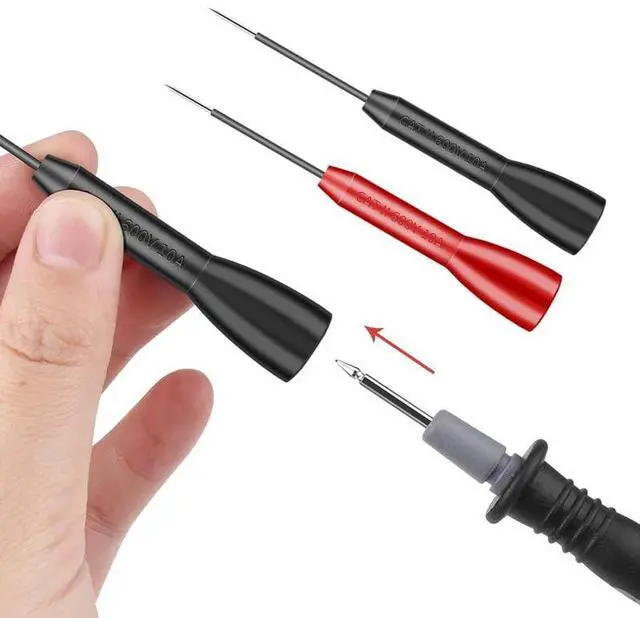 Alt view image 4 of 4 - 4 Pack 2mm Extended Needle Test Probes, 600V/10A Non-Destructive Insulation Wire Piercing Needle Stainless Steel Extra Thin Electrical Needle multimeter Probe for Fluke Meter Test Lead (Black-Red)