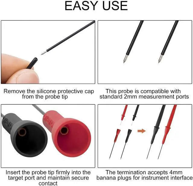 Alt view image 3 of 4 - 4 Pack 2mm Extended Needle Test Probes, 600V/10A Non-Destructive Insulation Wire Piercing Needle Stainless Steel Extra Thin Electrical Needle multimeter Probe for Fluke Meter Test Lead (Black-Red)