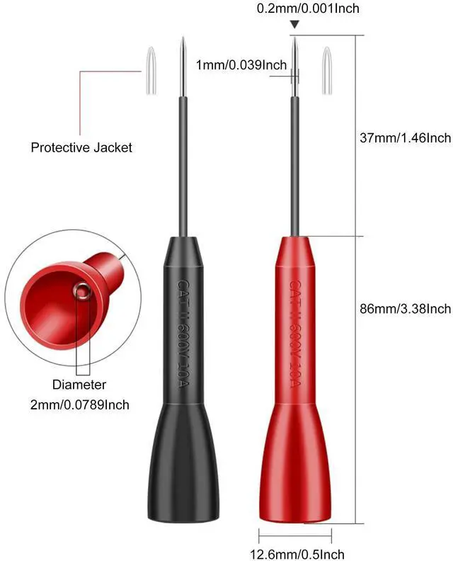 Alt view image 2 of 4 - 4 Pack 2mm Extended Needle Test Probes, 600V/10A Non-Destructive Insulation Wire Piercing Needle Stainless Steel Extra Thin Electrical Needle multimeter Probe for Fluke Meter Test Lead (Black-Red)