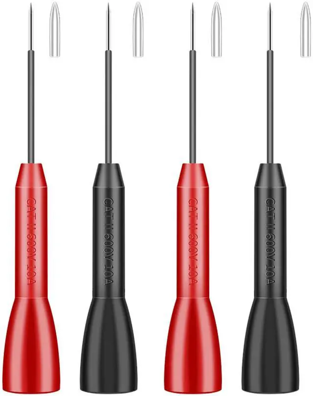 Main image of 4 Pack 2mm Extended Needle Test Probes, 600V/10A Non-Destructive Insulation Wire Piercing Needle Stainless Steel Extra Thin Electrical Needle multimeter Probe for Fluke Meter Test Lead (Black-Red)