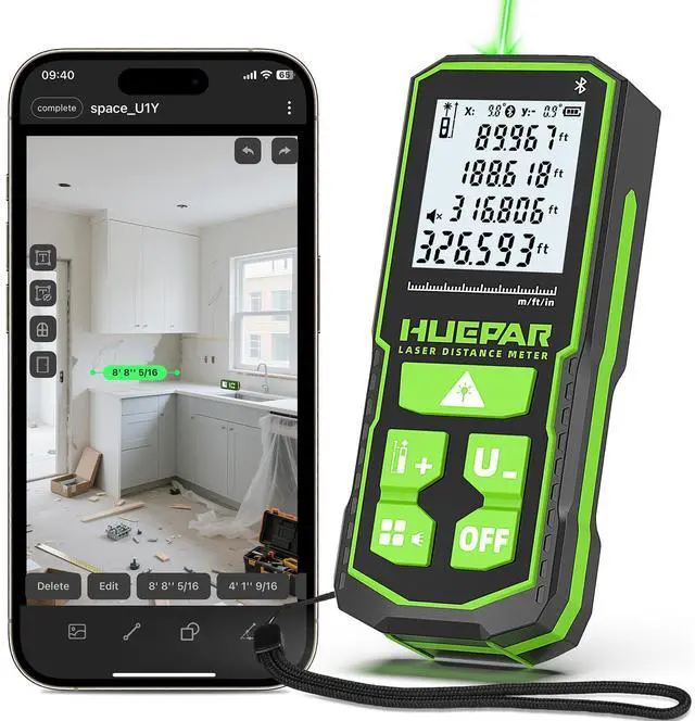 Main image of 330Ft Green Laser Measuring Tool with APP Control, 5 Years Warranty, Rechargeable Bluetooth Distance Meter, ±1/16" High Accuracy, Angle Sensor, Multiple Modes, IP54, for Home & Construction