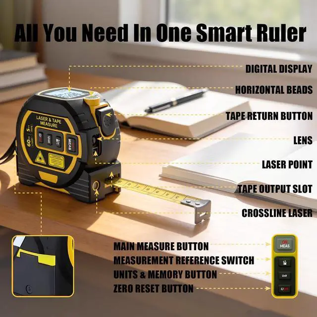 Alt view image 2 of 7 - 3-in-1 Laser Tape Measure, Digital Tape Measure with Laser Distance Measuring Tool, LCD Display, Electronic Measuring Tape for Home, Construction and Engineering, laserpower<1mW