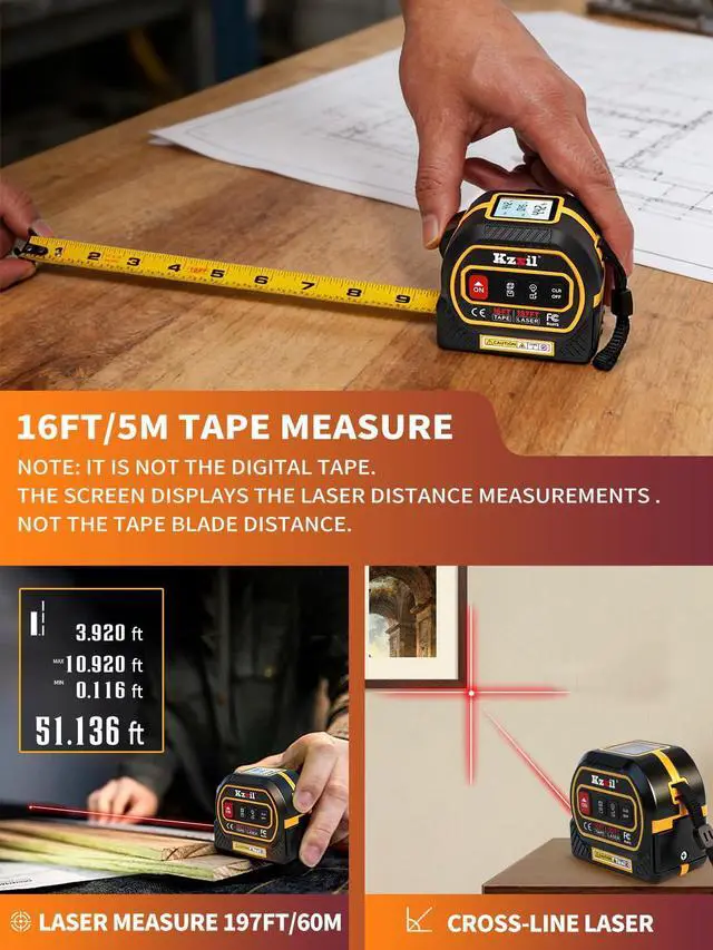 Main image of 4-in-1 Tape Measure 196ft Laser Tape Measure 16ft Manual Tape with Fractional Readouts, Laser Measuring Tool with Backlit LCD, Magnetic Hook & Base - Area/Volume, for Woodworking & DIY