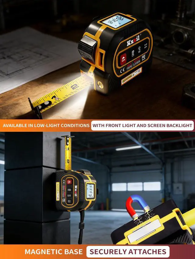 Alt view image 2 of 2 - 4-in-1 Tape Measure 196ft Laser Tape Measure 16ft Manual Tape with Fractional Readouts, Laser Measuring Tool with Backlit LCD, Magnetic Hook & Base - Area/Volume, for Woodworking & DIY