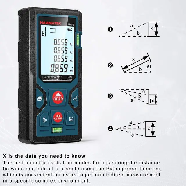 Alt view image 6 of 7 - 165ft/50m Laser Measure Ft/in/M Switching LM50 Laser Measurement Tool Devices with 2 Bubble Levels Distance Meter,Large Backlit LCD