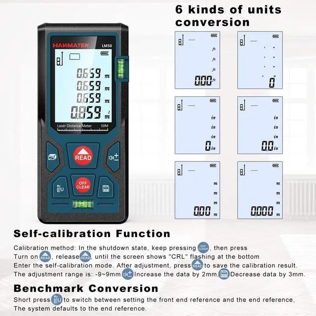 Alt view image 3 of 7 - 165ft/50m Laser Measure Ft/in/M Switching LM50 Laser Measurement Tool Devices with 2 Bubble Levels Distance Meter,Large Backlit LCD