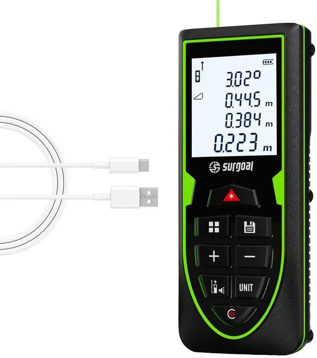 Main image of Green Laser Distance Meter 196ft USB Rechargeable Digital Laser Measure with Angle Sensor, Backlit LCD, Area/Volume/Pythagorean, ±3mm Accuracy, Electronic Measuring Tool for Construction & DIY