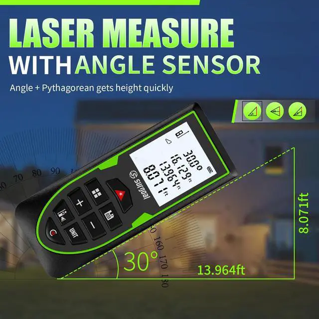 Alt view image 4 of 5 - Green Laser Distance Meter 196ft USB Rechargeable Digital Laser Measure with Angle Sensor, Backlit LCD, Area/Volume/Pythagorean, ±3mm Accuracy, Electronic Measuring Tool for Construction & DIY