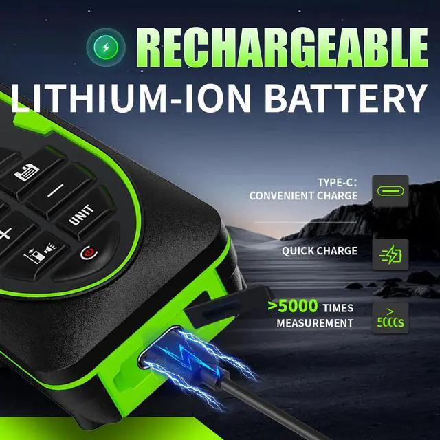 Alt view image 3 of 5 - Green Laser Distance Meter 196ft USB Rechargeable Digital Laser Measure with Angle Sensor, Backlit LCD, Area/Volume/Pythagorean, ±3mm Accuracy, Electronic Measuring Tool for Construction & DIY
