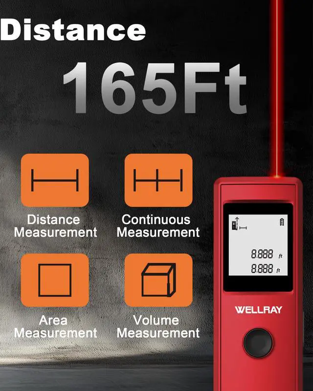 Alt view image 3 of 6 - Laser Measuring Tool, 165FT/50M Laser Measure Tool with High Accuracy, IP54 Laser Distance Meters with Ft+in/FT/in/M for Area/Volume, Laser Measurement Tool for DIY Home Indoor, 2 AAA Batteries, Red