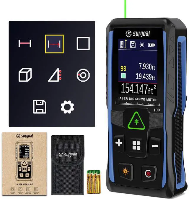 Main image of Green Laser Distance Meter Digital Laser Measure with Angle Sensor, 4-Way Rotating Backlit LCD, Pythagorean Mode, Unit Switch, ±3mm Accuracy, Handheld Measuring Tool 165FT