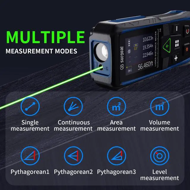 Alt view image 2 of 7 - Green Laser Distance Meter Digital Laser Measure with Angle Sensor, 4-Way Rotating Backlit LCD, Pythagorean Mode, Unit Switch, ±3mm Accuracy, Handheld Measuring Tool 165FT
