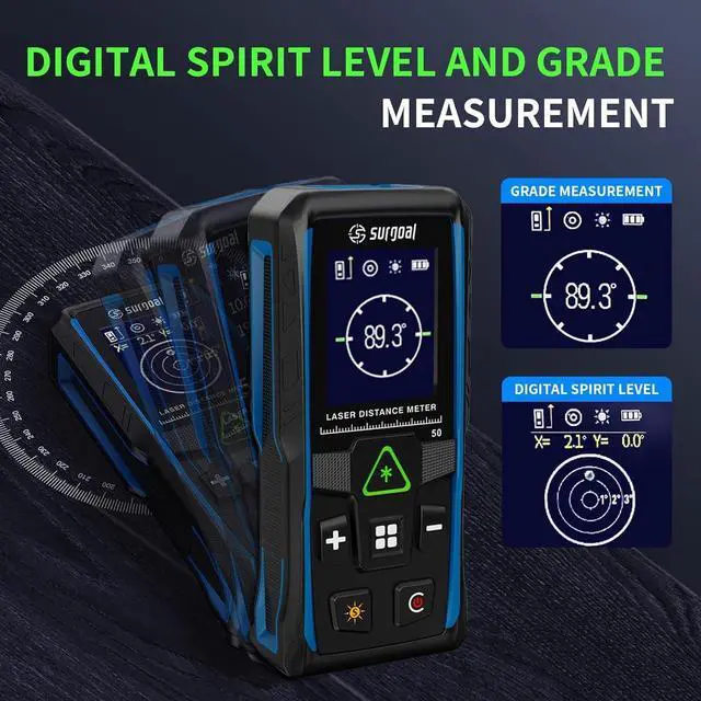Alt view image 4 of 7 - Green Laser Distance Meter Digital Laser Measure with Angle Sensor, 4-Way Rotating Backlit LCD, Pythagorean Mode, Unit Switch, ±3mm Accuracy, Handheld Measuring Tool 165FT