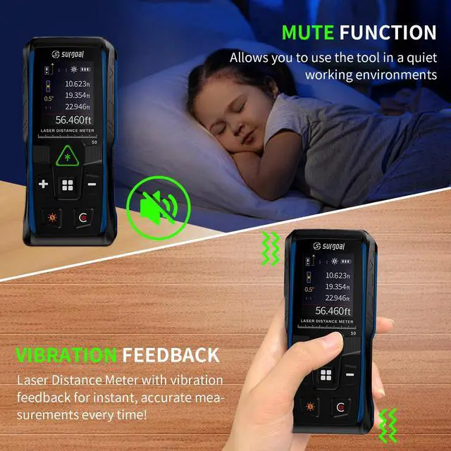 Alt view image 5 of 7 - Green Laser Distance Meter Digital Laser Measure with Angle Sensor, 4-Way Rotating Backlit LCD, Pythagorean Mode, Unit Switch, ±3mm Accuracy, Handheld Measuring Tool 165FT
